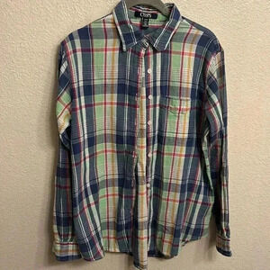 💕Chaps Denim Women Long Sleeve Button Down Shirt Plaid Blue Size Medium